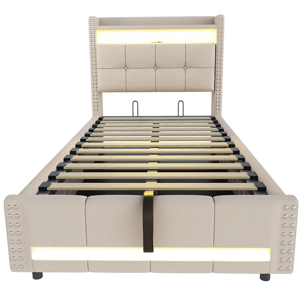 Lit Coffre 90x200 cm - Lit Simple avec Rangement, Éclairage LED Télécommandé et Prise USB, Sans Matelas, Beige
