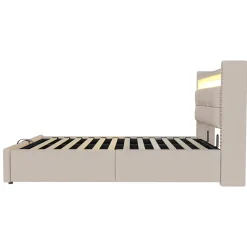 Lit Coffre 90x200 cm - Lit Simple avec Rangement, Éclairage LED Télécommandé et Prise USB, Sans Matelas, Beige