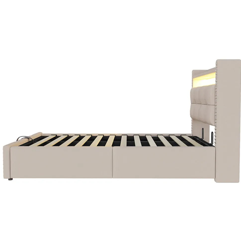Lit Coffre 90x200 cm - Lit Simple avec Rangement, Éclairage LED Télécommandé et Prise USB, Sans Matelas, Beige