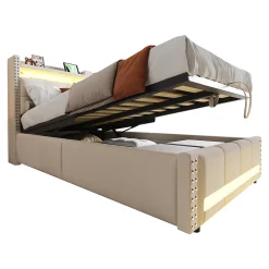 Lit Coffre 90x200 cm - Lit Simple avec Rangement, Éclairage LED Télécommandé et Prise USB, Sans Matelas, Beige