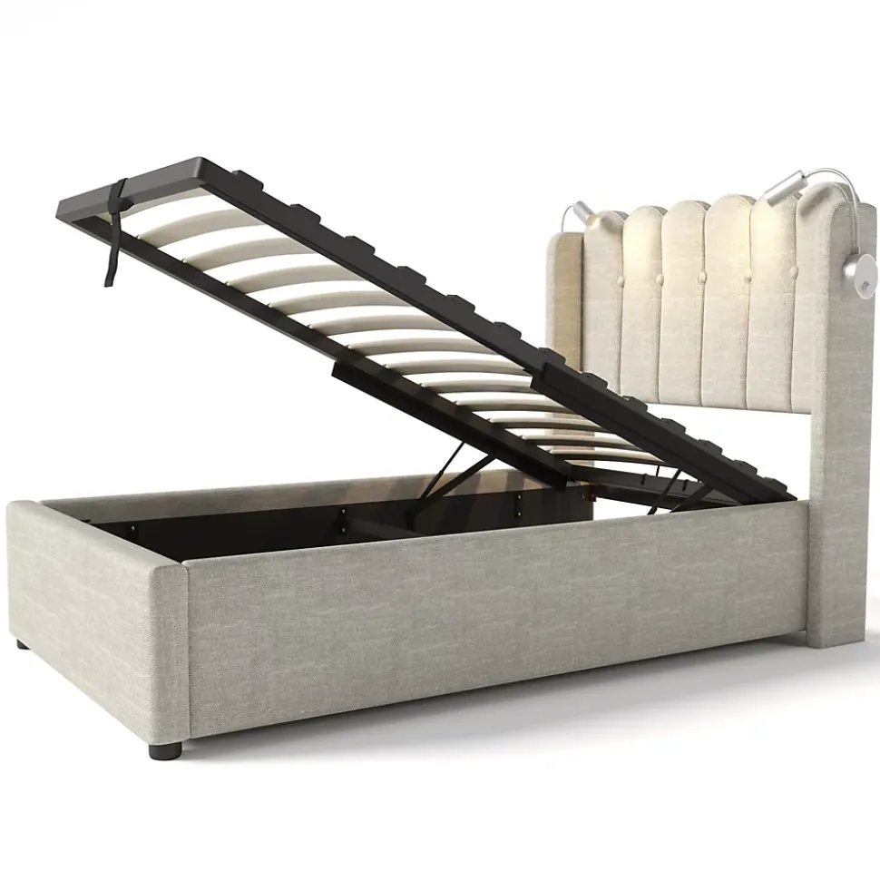 Lit Coffre 90x200 Cm - Lit Simple avec Ports USB et Lampe de Lecture - Lin - Sans Matelas - Beige