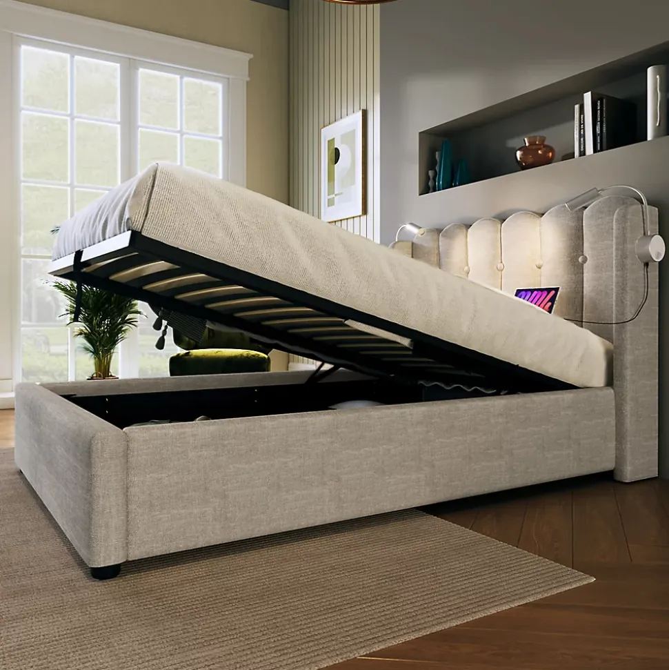 Lit Coffre 90x200 Cm - Lit Simple avec Ports USB et Lampe de Lecture - Lin - Sans Matelas - Beige