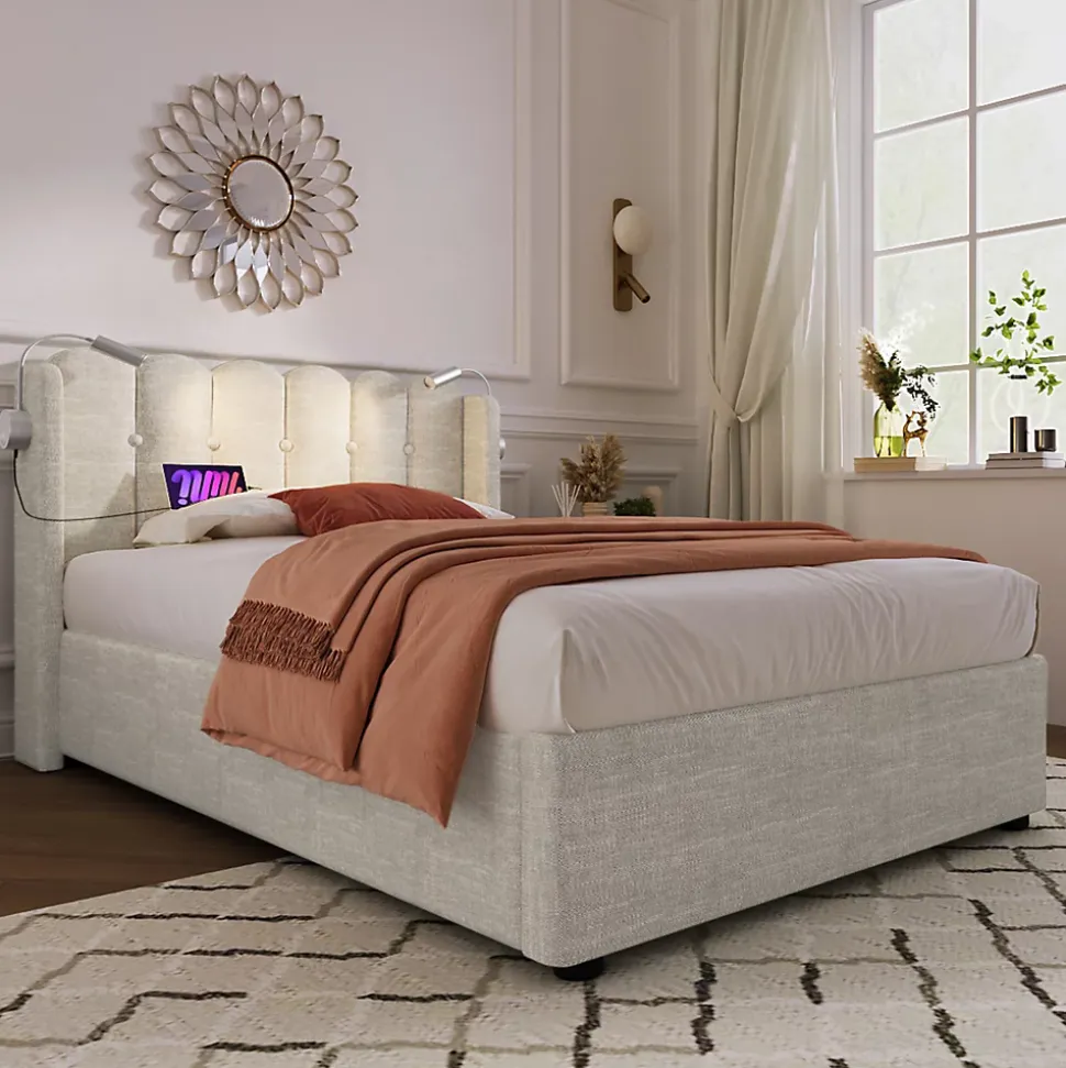 Lit Coffre 90x200 Cm - Lit Simple avec Ports USB et Lampe de Lecture - Lin - Sans Matelas - Beige