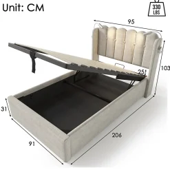 Lit Coffre 90x200 Cm - Lit Simple avec Ports USB et Lampe de Lecture - Lin - Sans Matelas - Beige