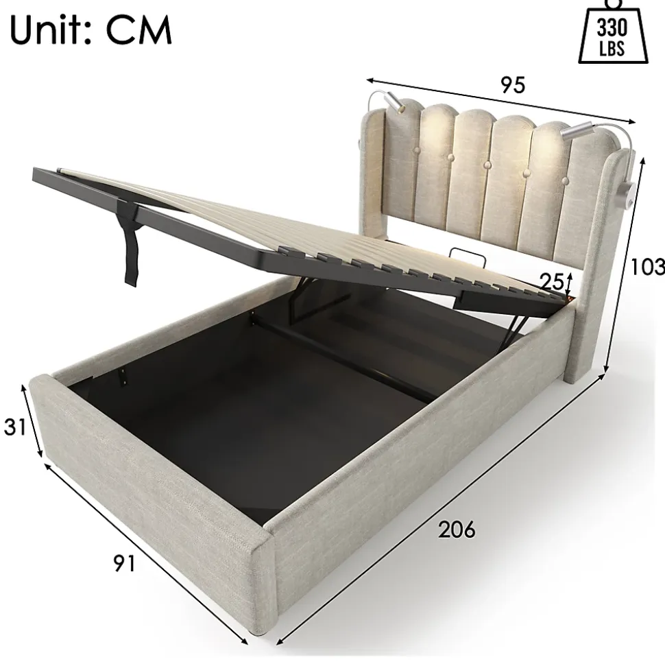 Lit Coffre 90x200 Cm - Lit Simple avec Ports USB et Lampe de Lecture - Lin - Sans Matelas - Beige