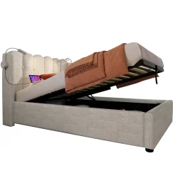 Lit Coffre 90x200 Cm - Lit Simple avec Ports USB et Lampe de Lecture - Lin - Sans Matelas - Beige