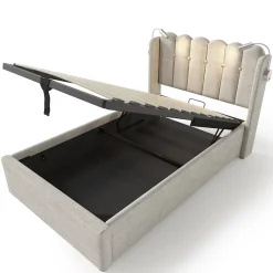 Lit Coffre 90x200 Cm - Lit Simple avec Ports USB et Lampe de Lecture - Lin - Sans Matelas - Beige