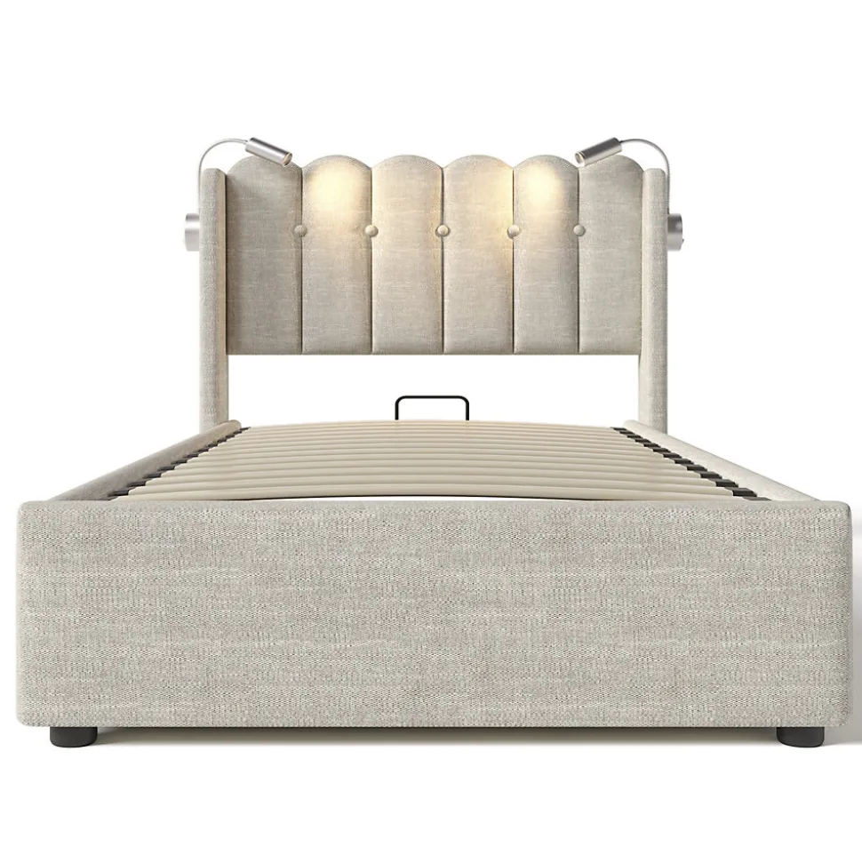 Lit Coffre 90x200 Cm - Lit Simple avec Ports USB et Lampe de Lecture - Lin - Sans Matelas - Beige