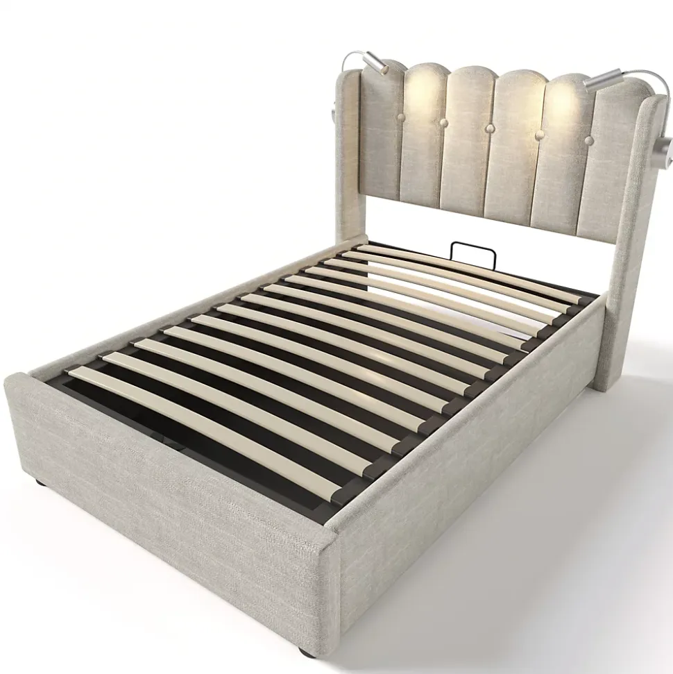 Lit Coffre 90x200 Cm - Lit Simple avec Ports USB et Lampe de Lecture - Lin - Sans Matelas - Beige