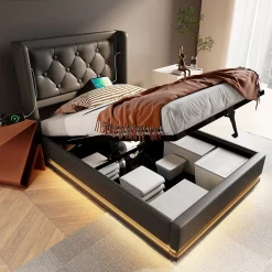 Lit coffre 90x200 cm - Lit simple rembourré avec USB Type-C et LED - PU - Sans Matelas - Noir