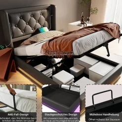 Lit coffre 90x200 cm - Lit simple rembourré avec USB Type-C et LED - PU - Sans Matelas - Noir