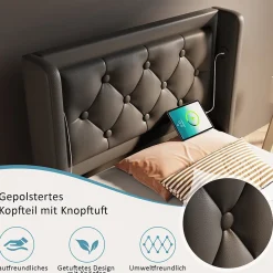 Lit coffre 90x200 cm - Lit simple rembourré avec USB Type-C et LED - PU - Sans Matelas - Noir