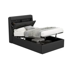 Lit Coffre 90x200 cm - Lit Simple Capitonné avec Tête de Lit et Rangement Caché - PU - Sans Matelas - Noir