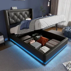 Lit coffre 90x200 cm - Lit simple rembourré avec USB Type-C et LED - PU - Matelas Inclus - Noir