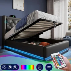 Lit coffre 90x200 cm - Lit simple rembourré avec USB Type-C et LED - PU - Matelas Inclus - Noir