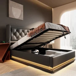 Lit coffre 90x200 cm - Lit simple rembourré avec USB Type-C et LED - PU - Matelas Inclus - Noir