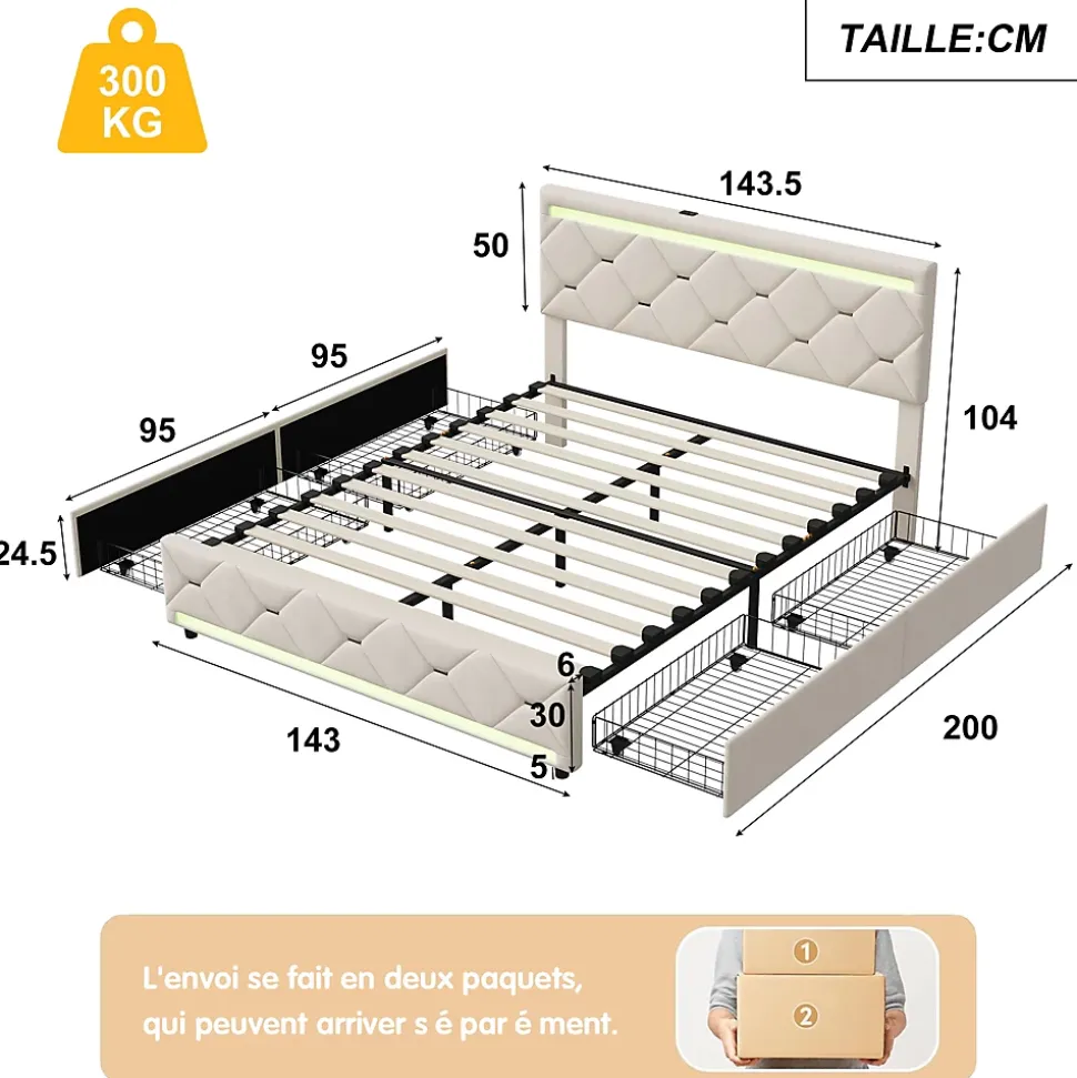 Lit Coffre 140x190 cm, 4 tiroirs, LED, USB, Velours, Beige