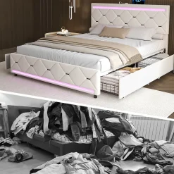 Lit Coffre 140x190 cm, 4 tiroirs, LED, USB, Velours, Beige