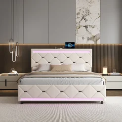 Lit Coffre 140x190 cm, 4 tiroirs, LED, USB, Velours, Beige