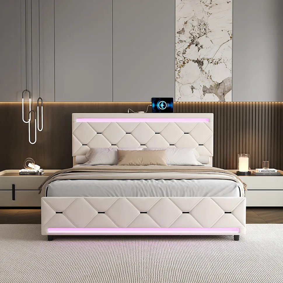 Lit Coffre 140x190 cm, 4 tiroirs, LED, USB, Velours, Beige