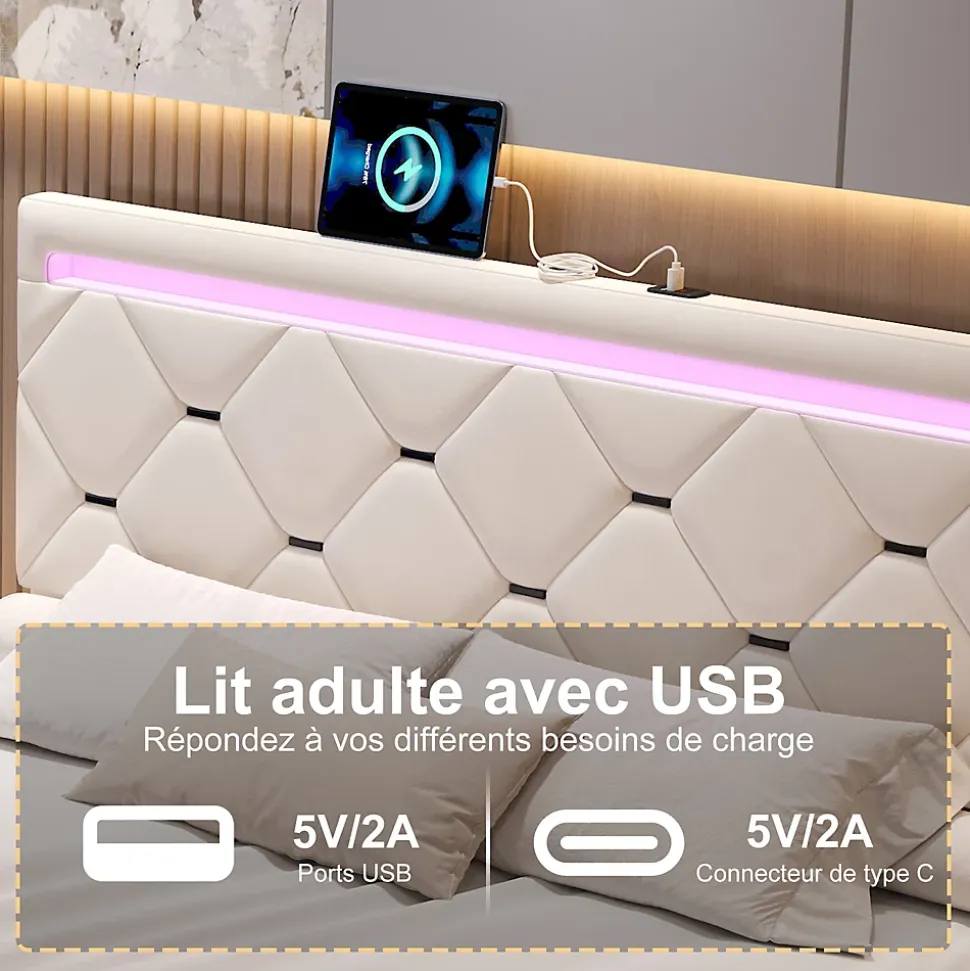Lit Coffre 140x190 cm, 4 tiroirs, LED, USB, Velours, Beige