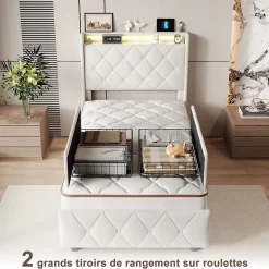 Lit Coffre 90x200 cm avec éclairage LED et Charge USB, Lit simple Rembourré avec 2 tiroirs, Sommier à Lattes, Velours, Beige