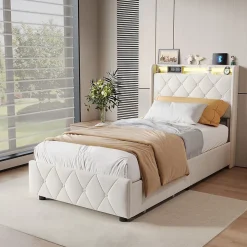 Lit Coffre 90x200 cm avec éclairage LED et Charge USB, Lit simple Rembourré avec 2 tiroirs, Sommier à Lattes, Velours, Beige