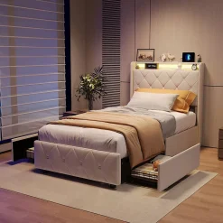 Lit Coffre 90x200 cm avec éclairage LED et Charge USB, Lit simple Rembourré avec 2 tiroirs, Sommier à Lattes, Velours, Beige