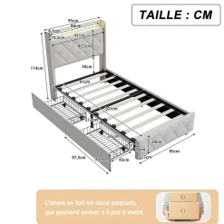 Lit Coffre 90x200 cm avec éclairage LED et Charge USB, Lit simple Rembourré avec 2 tiroirs, Sommier à Lattes, Velours, Beige