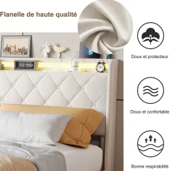 Lit Coffre 90x200 cm avec éclairage LED et Charge USB, Lit simple Rembourré avec 2 tiroirs, Sommier à Lattes, Velours, Beige
