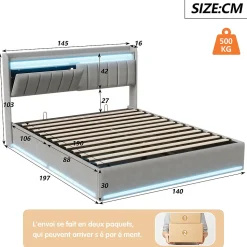 Lit Coffre 140x190 cm avec éclairage LED et Charge USB, Lit Double avec Rangement, Sommier à Lattes, Velours, Gris