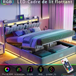 Lit Coffre 140x190 cm avec éclairage LED et Charge USB, Lit Double avec Rangement, Sommier à Lattes, Velours, Gris