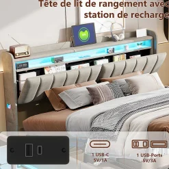 Lit Coffre 140x190 cm avec éclairage LED et Charge USB, Lit Double avec Rangement, Sommier à Lattes, Velours, Gris