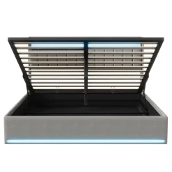 Lit Coffre 140x190 cm avec éclairage LED et Charge USB, Lit Double avec Rangement, Sommier à Lattes, Velours, Gris