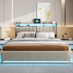 Lit Coffre 140x190 cm avec éclairage LED et Charge USB, Lit Double avec Rangement, Sommier à Lattes, Velours, Gris