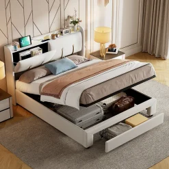 Lit coffre 140x200 cm avec LED, sommier à lattes, USB Type-C, capitonné velours blanc