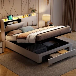 Lit coffre 140x200 cm avec LED, sommier à lattes, USB Type-C, capitonné velours blanc