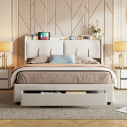 Lit coffre 140x200 cm avec LED, sommier à lattes, USB Type-C, capitonné velours blanc