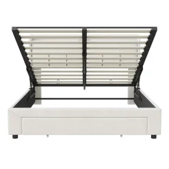 Lit coffre 140x200 cm avec LED, sommier à lattes, USB Type-C, capitonné velours blanc