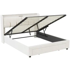 Lit coffre 140x200 cm avec LED, sommier à lattes, USB Type-C, capitonné velours blanc