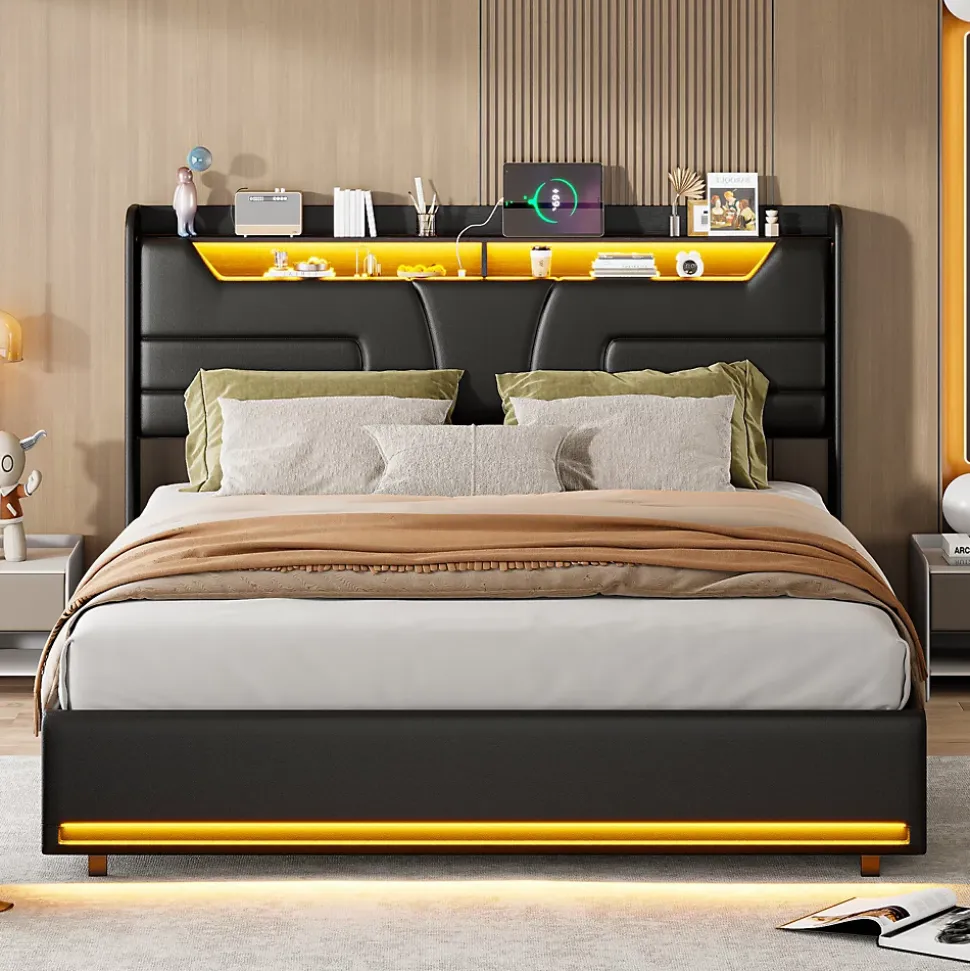 Lit Coffre 140x200 cm, avec LED et USB, Lit Double Rembourre, avec Rangement, Tete de Lit, PU, Noir