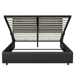 Lit Coffre 140x200 cm, avec LED et USB, Lit Double Rembourre, avec Rangement, Tete de Lit, PU, Noir