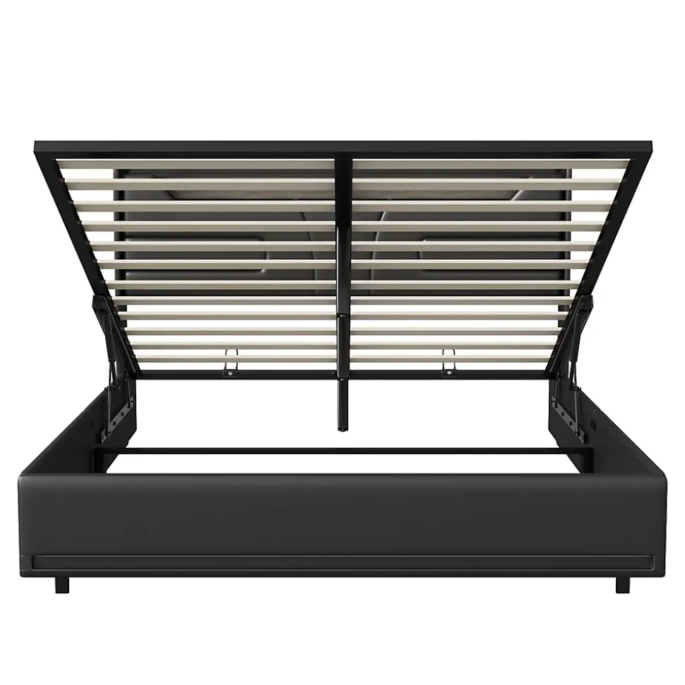 Lit Coffre 140x200 cm, avec LED et USB, Lit Double Rembourre, avec Rangement, Tete de Lit, PU, Noir