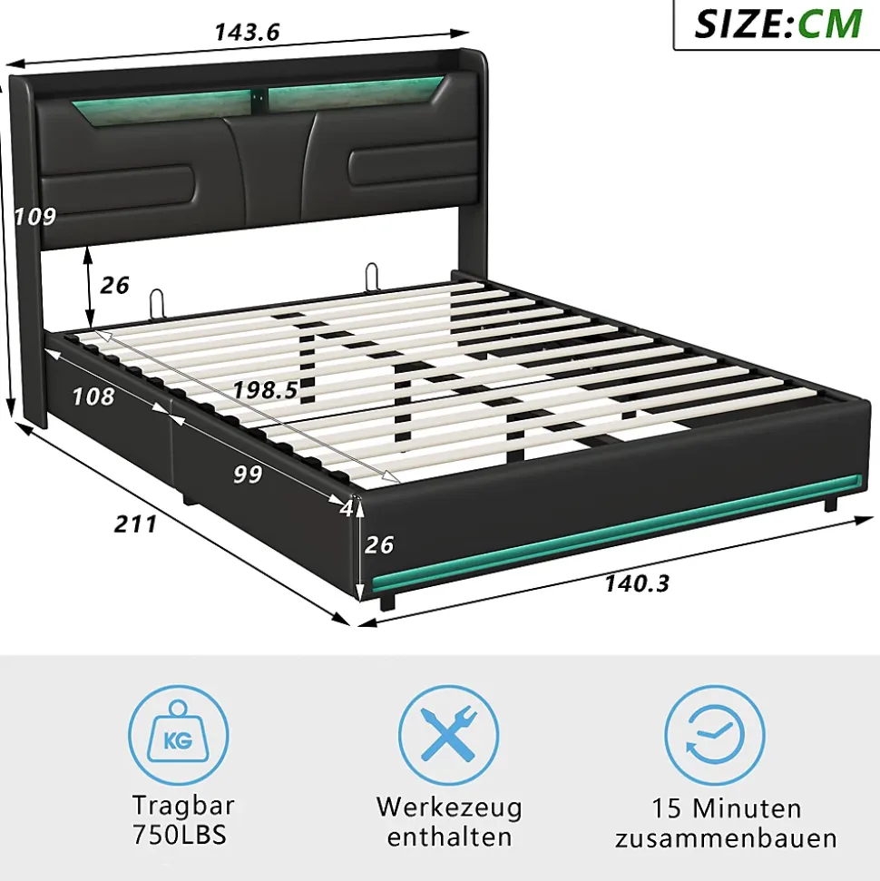 Lit Coffre 140x200 cm, avec LED et USB, Lit Double Rembourre, avec Rangement, Tete de Lit, PU, Noir