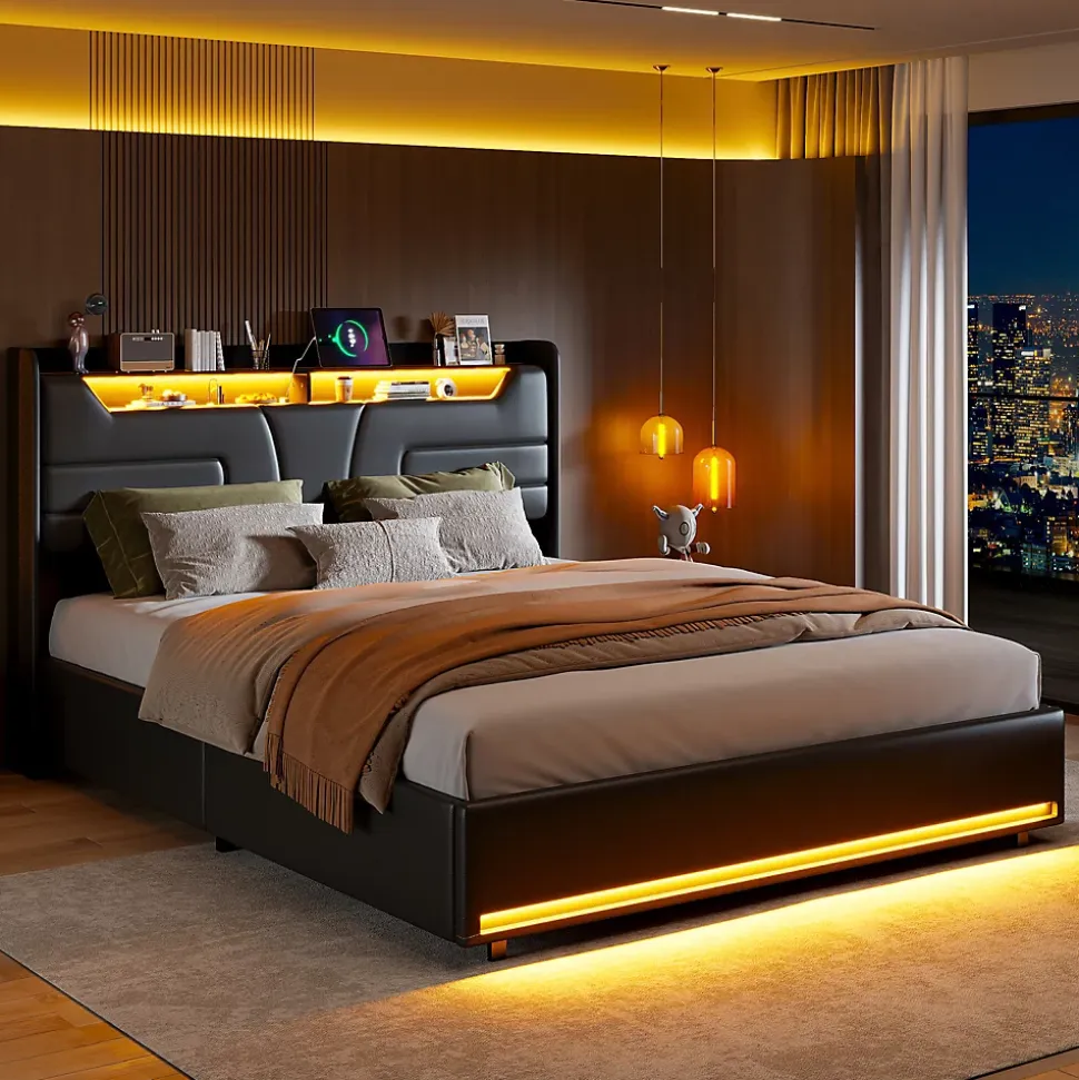 Lit Coffre 140x200 cm, avec LED et USB, Lit Double Rembourre, avec Rangement, Tete de Lit, PU, Noir