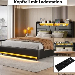 Lit Coffre 140x200 cm, avec LED et USB, Lit Double Rembourre, avec Rangement, Tete de Lit, PU, Noir