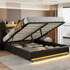 Lit Coffre 140x200 cm, avec LED et USB, Lit Double Rembourre, avec Rangement, Tete de Lit, PU, Noir