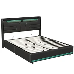 Lit Coffre 140x200 cm, avec LED et USB, Lit Double Rembourre, avec Rangement, Tete de Lit, PU, Noir