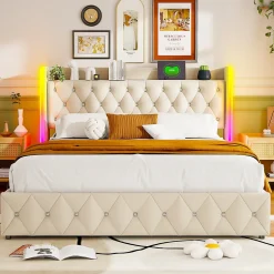Lit Coffre 160x200 cm, avec LED et USB, Lit Double Rembourre, avec Rangement, Tete de Lit, Velours, Beige