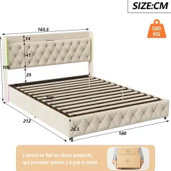 Lit Coffre 160x200 cm, avec LED et USB, Lit Double Rembourre, avec Rangement, Tete de Lit, Velours, Beige